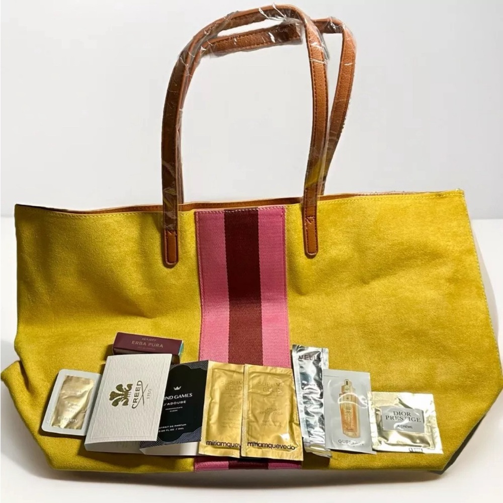 SOLD Neiman Marcus Velvet Set TOTE & MAKE-UP Pouch and Samples!  MUSTARD